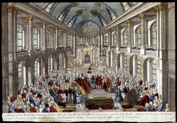Ceremonia de la bendición nupcial dada en la capilla de Versalles el 16 de mayo de 1770 por Luis Augusto, delfín de Francia (Luis XVI), y María Antonieta de Austria - grabado