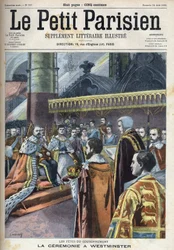 Ceremonia de la coronación en Westminster: Rey Eduardo VII (1841-1910) y Alexandra de Dinamarca (1844-1925), en "Le Petit Parisien"