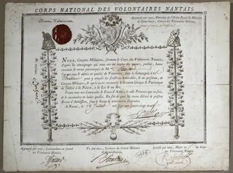 Certificado de admisión en la Guardia Nacional de Voluntarios de Nantes, 1789