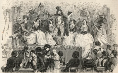 Champs-Elysees - Cantantes frente al café Morel - Grabado en “Tableau-de-Paris” por Edmond Texier 1852