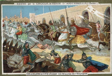 Carlomagno (742-814) expulsando a los moros de España. Cromolitografía del siglo XIX.
