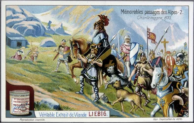Carlomagno y su ejército cruzaron los Alpes en 800 - cromolitografía Liébig, principios del siglo XX