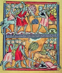 Carlomagno y sus paladines en batalla contra los sarracenos, miniatura de "Carlomagno y sus paladines" (vitela)