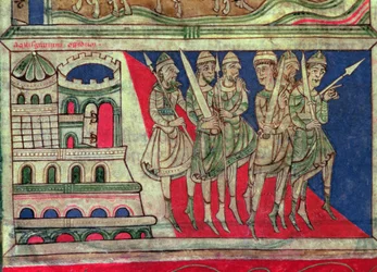 Carlomagno saliendo de Aquisgrán para viajar a Santiago de Compostela, miniatura del "Códice Calixtus", fol. 162v., c.1150 (vitela)