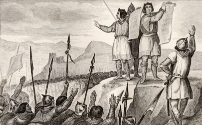 Carlos II (823-77) el Calvo y su hermano Luis el Germánico hacen un tratado en Estrasburgo en 842, de 