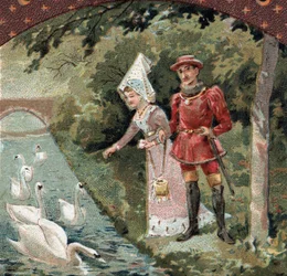 Carlos VII (1403-1461) con su favorita, Agnes Sorel (conocida como la Dama de Beaute sur Marne (Beaute-sur-Marne) (1422-1450) alimentando cisnes en el parque del castillo de Savigny sur Orge (Savigny-sur-Orge). Cromolitografía de finales del siglo XIX