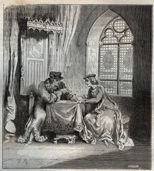 Carlos VI (1380-1422) y Odette de Champdivers - Rey Carlos VI de Francia, conocido como Carlos el Bienamado, luego Carlos el Loco (1368-1422) con su amante Odette de Champdivers (circa 1390-circa 1425) jugando a las cartas - grabado en "Paris a travers les