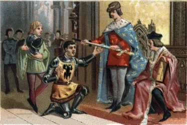 Carlos V el Sabio (1338-1380) entrega solemnemente la espada del condestable Bertrand du Guesclin (1320-1380). Cromolitografía alrededor de 1890