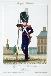 Cazador de la Guardia Nacional, de Troupes Françaises, publicado por Basset, París, hacia 1790