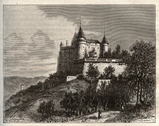 Chateau de Mercues - Cahors - grabado en “La France illustrée: geografía, historia, administración estadística” por V.A. Malt-Brown. 1884