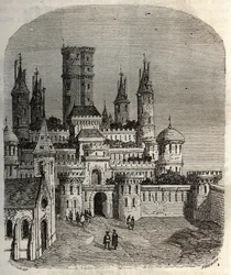 Castillo de Montlhéry - castillo fortificado en la comuna de Montlhéry, en el antiguo país de Hurepoix - grabado en "Histoire de France" por Victor Duruy (1811-1894) - 1882.