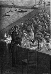 Clases de química en la Ecole Centrale de París. Grabado en “le journal de la jeunesse” 1887.