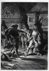 Childeberto I (hacia 498-558) en el asesinato de los herederos de sus hermanos en 526 - Childeberto I hizo que Clotario (Clothaire) masacrara a los hijos de su hermano Clodomiro, rey de Orleans, cuyos estados compartían, en 526 - grabado de „L