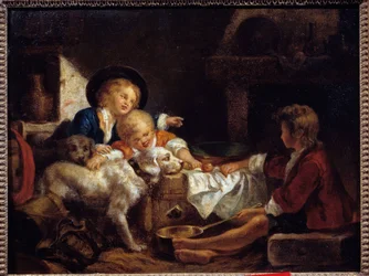 Niños Tres niños pequeños y dos perros en un granero. Pintura de la Escuela Francesa. Siglo XVIII Colección privada