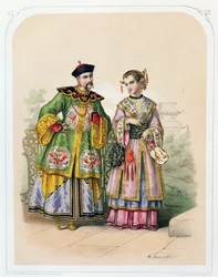 Caballero y dama chinos elegantes, mediados del siglo XIX