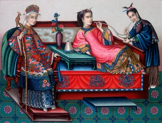 Mujeres nobles chinas fumando opio - en "El traje histórico" por Racinet
