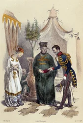 Chinos visitando a un militar extranjero; ilustración para China en «Las doce naciones» de M. E. Fouinet