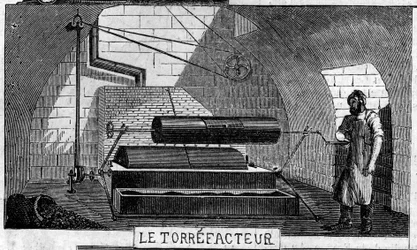 Fabricación de chocolate: el torrefactor. Usine de M. Masson, París