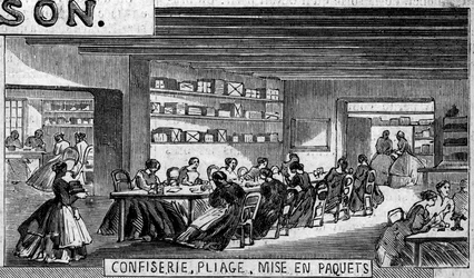 Fabricación de chocolate: confección de bombones de chocolate, taller de plegado y empaquetado. Usine de M. Masson, París