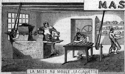 Fabricación de chocolate: pesaje y moldeado, grifo. Usine de M. Masson, París