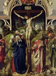 Cristo en la cruz, las santas mujeres y San Juan Evangelista, del Retablo del Parlamento de París