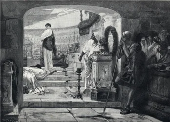 Mártir cristiano entrando en la arena para ser entregado a las bestias. Grabado después de la pintura de Albret Baur.