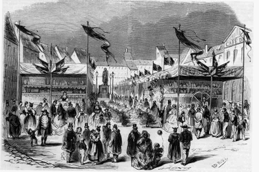 Festival de Navidad en Alsacia: la Feria de Navidad (del Niño Jesús) en Estrasburgo en 1857. Grabado en “Le Monde Illustré” n°38 del 2 de enero.
