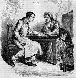 Christophe y la gorda Sylvie: sirvientes desayunando. Grabado a mediados del siglo XIX. Ilustración para "El padre Goriot" de Honoré de Balzac (1799-1850).