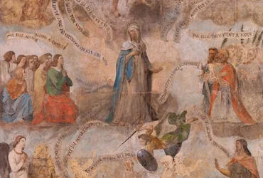 Iglesia (Eglise Saint-Jean-Baptiste). Interior. Capilla Saint-Fursy. Pinturas murales. La glorificación de María (fresque dite de la bonne mort). Principios del siglo XVII.