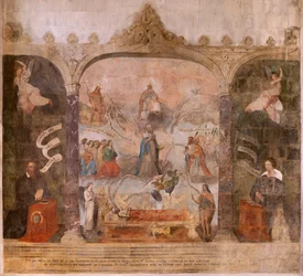 Iglesia Saint-Jean-Baptiste. Interior. Capilla Saint-Fursy. Pinturas murales. La glorificación de María (fresque dite de la bonne mort). Principios del siglo XVII.
