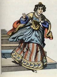 Cenicienta huyendo del baile, aparece su zapato de cristal. Ilustración del cuento de Charles Perrault “Cenicienta o La petite pantoufle de verre”