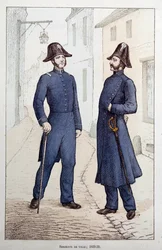 Sargentos de la ciudad. Dos agentes de la ley conversando. Litografía alrededor de 1829-1830 Prefectura de Policía, París