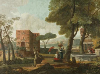 Paisaje clásico con esfinge, c.1700 (óleo sobre lienzo)