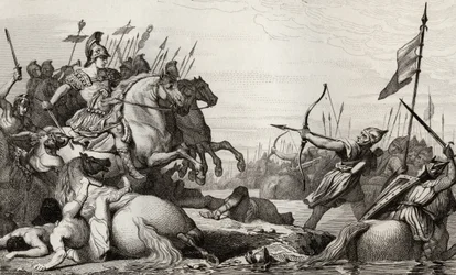 Clodion, el Peludo (c.428-47) se retira a través del puente después de su derrota por Aetius, de 