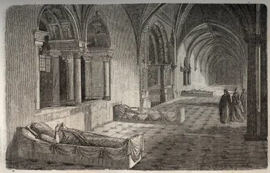 Claustro de Fontevrault con estatuas de Enrique II - Leonor de Aquitania - grabado en 