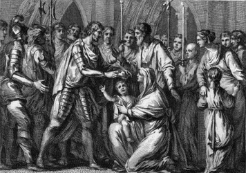 Clotario II, conocido como el Joven (584-628), coronado rey de Neustria por su tío, Gontrán I (ca. 545-592), rey de Orleans y Borgoña. Su madre, la reina Fredegonda (ca. 545-597), lo sostiene en sus brazos. 584. Grabado del siglo XVIII