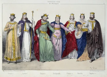 Clotario I, Cariberto, Chilperico, Fredegunda, Clotario II, Nantilde, Dagoberto I - en "La monarquía francesa en estampas"