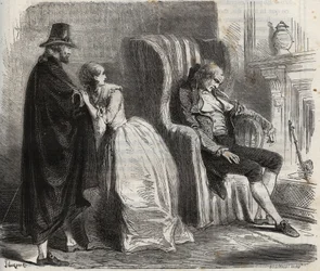 Clotilde Sprengel y Zacharie Bergmann observan al doctor alemán Petrus Schultz dormido frente al siglo XVIII. Grabado de 1871 en “Histoire Des Cocuses Celebres” de Henry de Kock