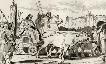 Clodoveo III (682-95) en un carro tirado por bueyes, con Pepino II de Herstal (c.714) cabalgando a su lado, de 