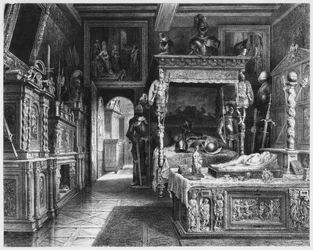 Hotel y Museo Cluny, sala de Francisco I, París, ilustración de Atlas, Les Arts du Moyen Age... por Alexandre du Sommerard, 1840