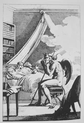 Collin de Plancy (1793-1887) conversando con el Diablo, de Le Diable Peint par Lui-meme (1825) ilustrado en una historia de la magia publicado a finales del siglo XIX