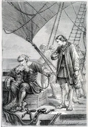 Colón atado como un villano (en la cubierta del barco), ilustración de 