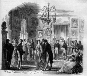 Comédie Française: vista del foyer de los artistas con los comediantes François-Joseph Talma (1763-1826) y Anne Boutet, conocida como Mademoiselle Mars (1779-1847), comediante francesa. Grabado de 1867-1868.