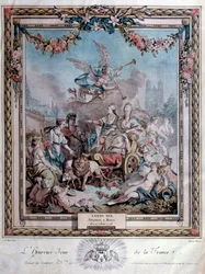 Conmemoración de la coronación de Luis XVI (1754-1793) en Reims el 11/06/1775. Grabado. París. Biblioteca del Arsenal