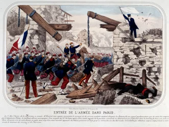 Comuna de París: Entrada del Ejército de Versalles en París. Grabado de 1871. París, Museo Carnavalet
