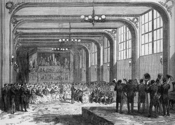 Concierto realizado por Adolphe Sax, inventor del saxofón (1814-1894) en presencia del Emir Ben Mahi Ed Din Abd El Kader (1808-1883) en 1865.