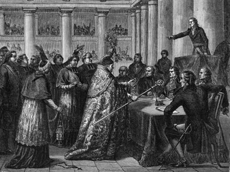 Concordato de 1801 - Firma del Concordato entre Francia (en presencia de Napoleón Bonaparte) y la Santa Sede (grabado)