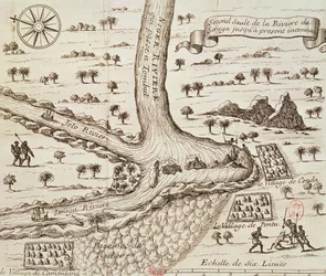 Confluencia del Negro, el Joto y el Senegal, ilustración de «Descubrimiento de África» de Jean-Baptiste Gaby, publicada por Edme Couterot, París 1689