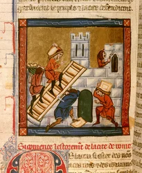 Construcción de Roma. Miniatura del manuscrito "Historia antigua a la Cesar", alrededor de 1260-1270 escrita por un escriba al servicio de la corte de Roger IV, Chatelain de Lille, el autor podría ser para algunos Wauchier de Denain. Dijon, Biblioteca Muni