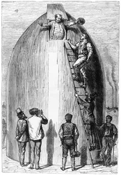 Construcción de un cohete, ilustración de De la Tierra a la Luna de Jules Verne (1828-1905) París, Hetzel, publicado en 1865